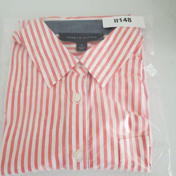 Tommy Hilfiger Womens Red White Striped Popover Blouse Size M Collared Nautical - Picture 8 of 8